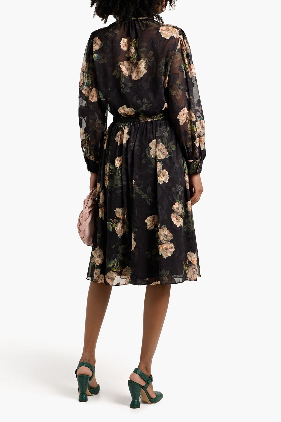 Mikael Aghal Pussy-bow Floral-print Fil Coupé Chiffon Blouse In Green