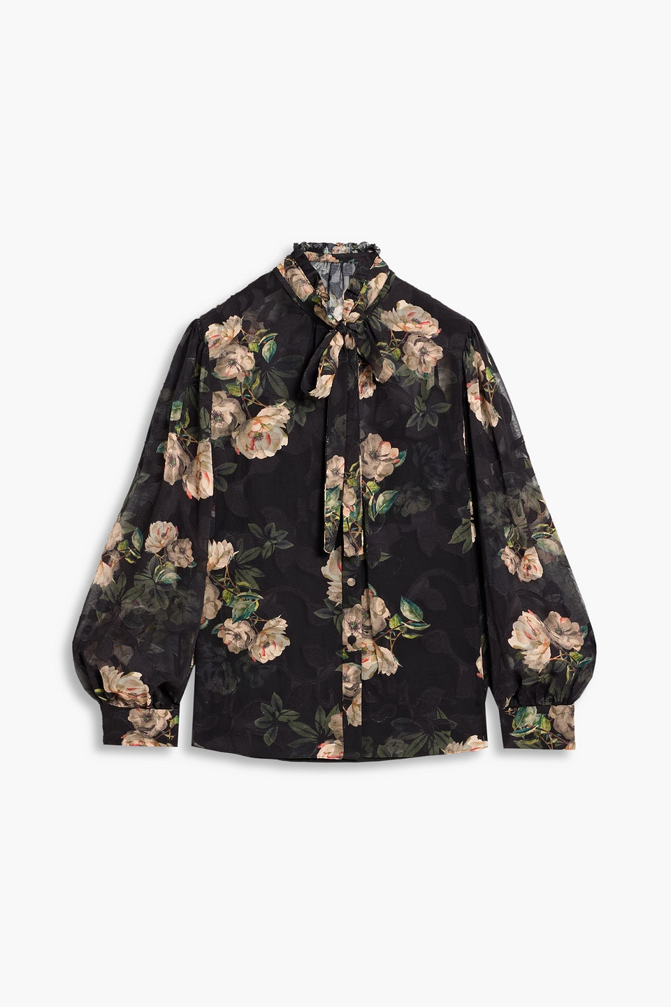 Mikael Aghal Pussy-bow Floral-print Fil Coupé Chiffon Blouse In Orange