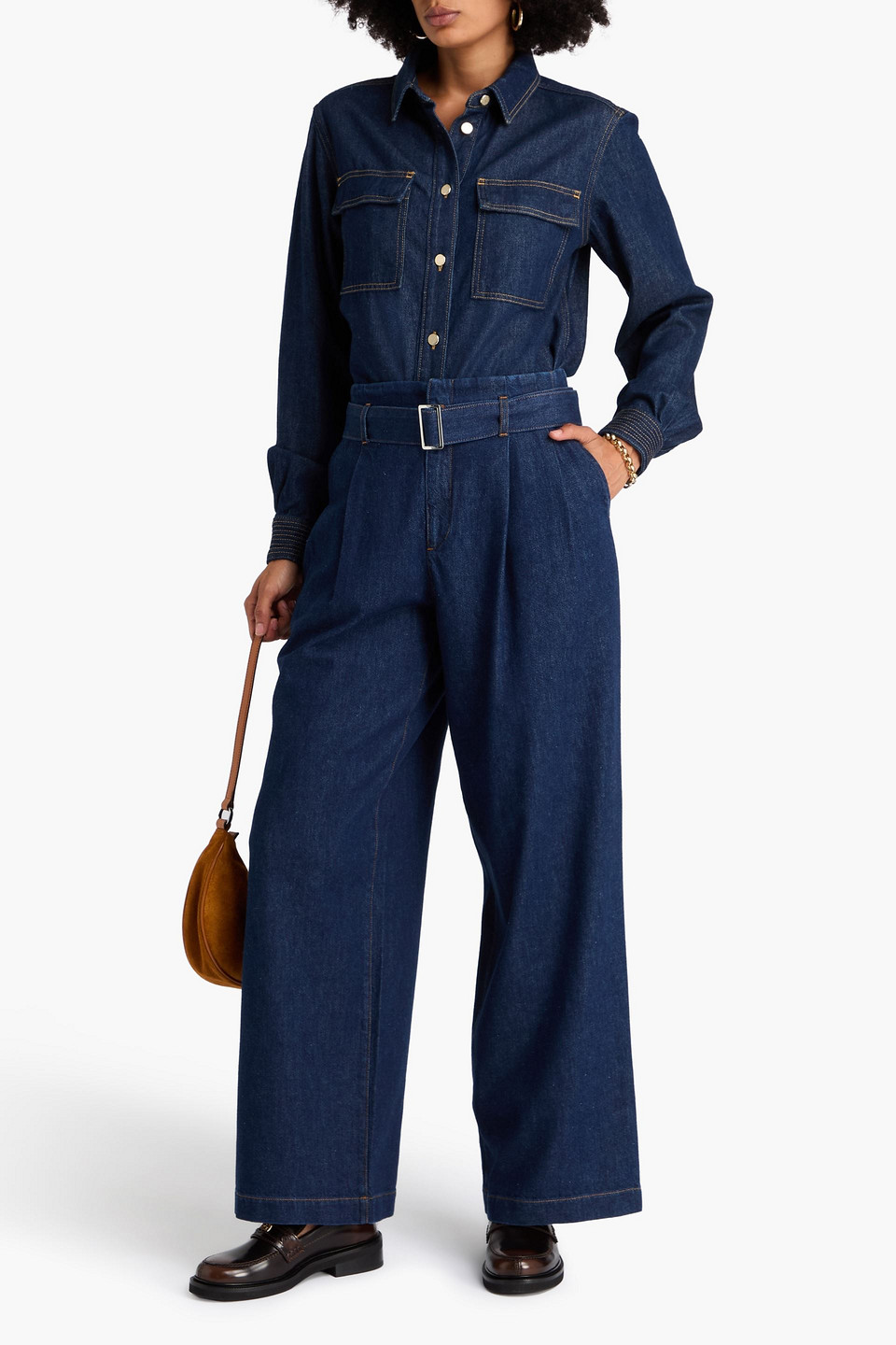 Frame The Paper Bag Belted Pleated High-rise Wide-leg Jeans In Blue