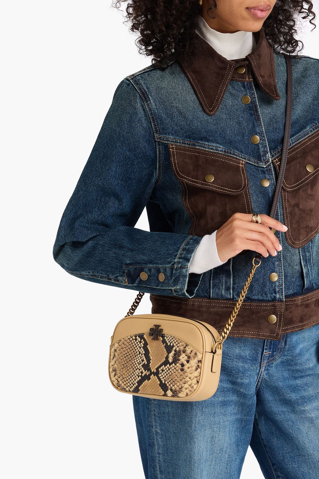 TORY BURCH McGraw smooth and snake-effect leather cross-body bag