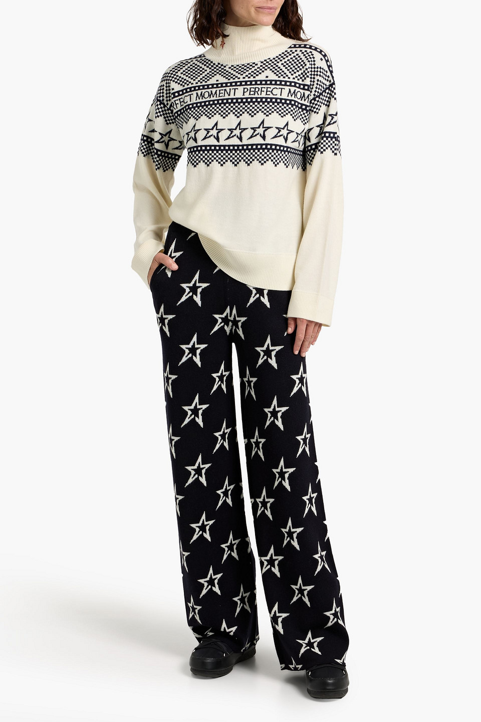 Perfect Moment Intarsia Merino Wool Turtleneck Sweater In Neutral