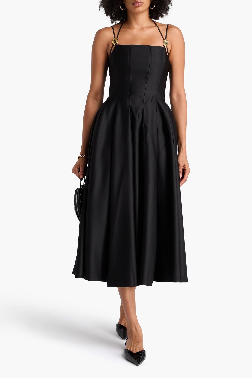 STINE GOYA Embellished pleated satin midi dress