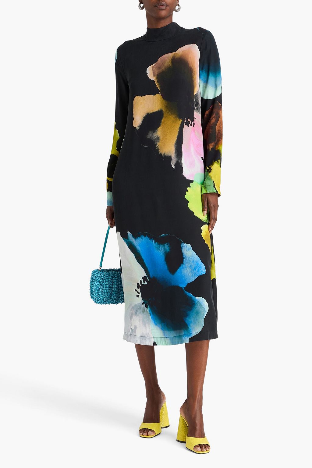 STINE GOYA Floral-print washed-satin midi dress