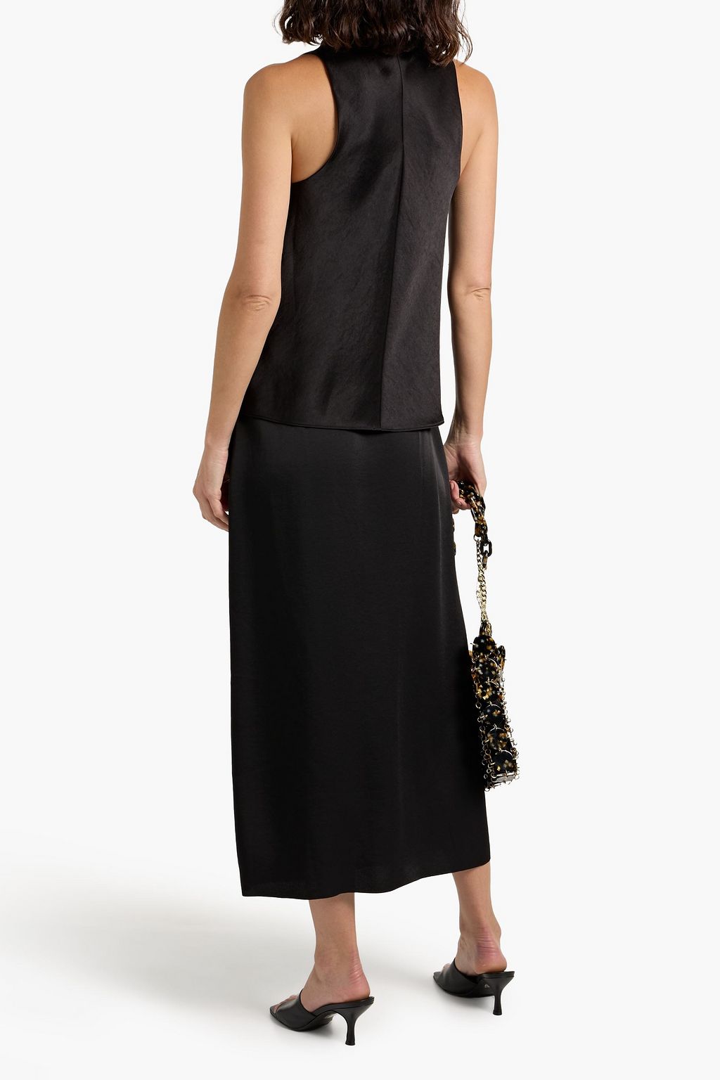 VINCE. Wrap-effect velvet-trimmed satin-crepe midi skirt