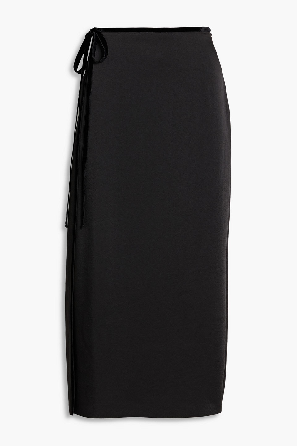 Vince Wrap-effect Velvet-trimmed Satin-crepe Midi Skirt In Black