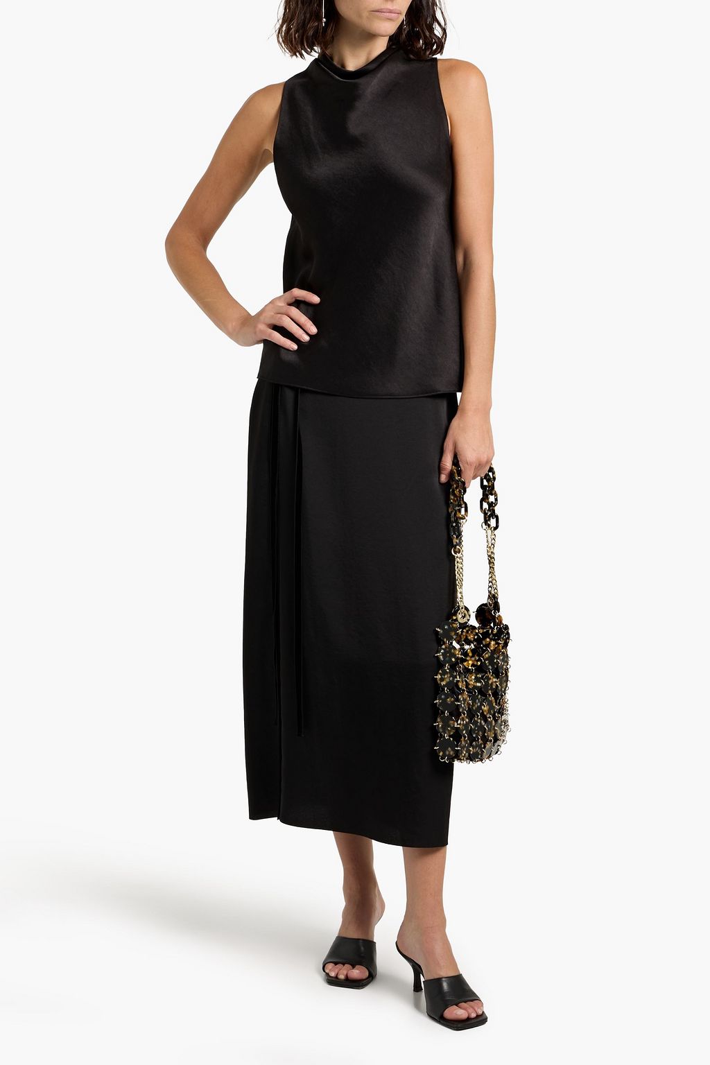 VINCE. Wrap-effect velvet-trimmed satin-crepe midi skirt