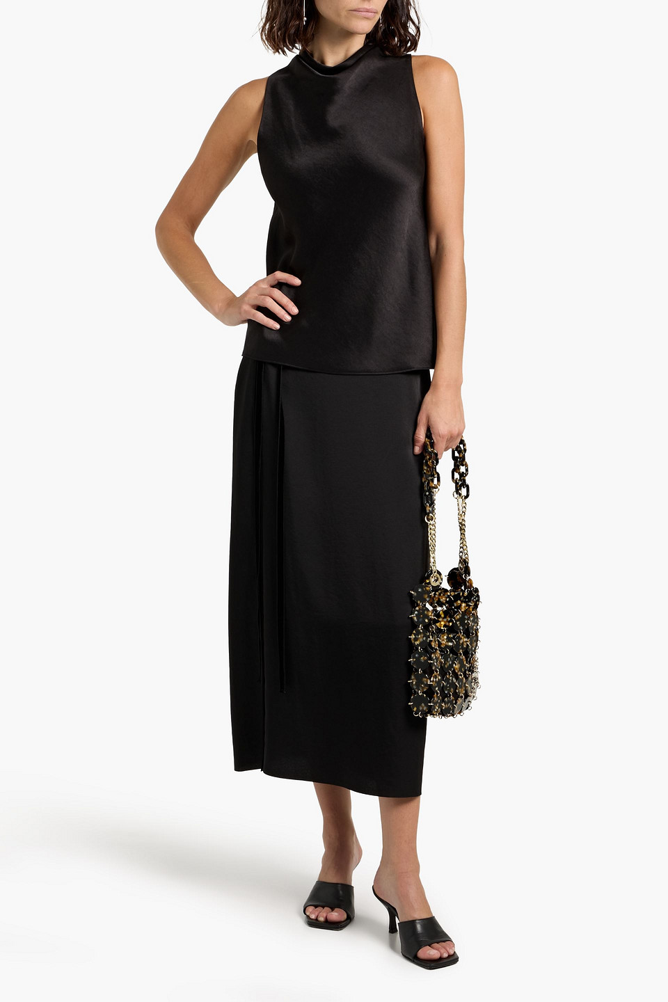 Vince Wrap-effect Velvet-trimmed Satin-crepe Midi Skirt In Black