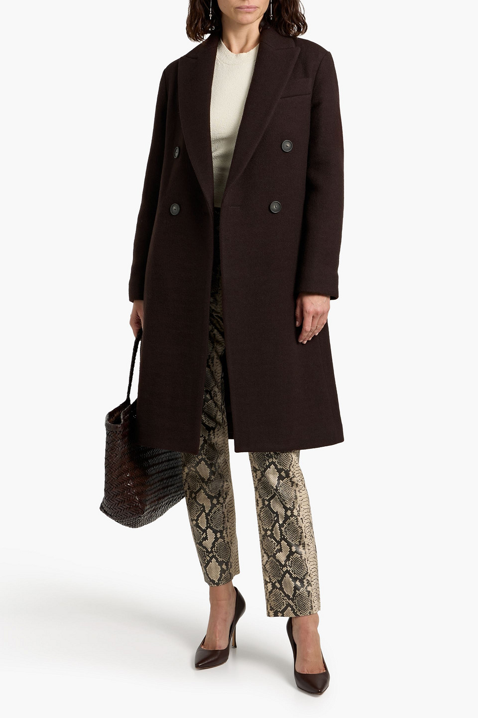 Vince Textured Wool-blend Double Breasted Coat In Brown