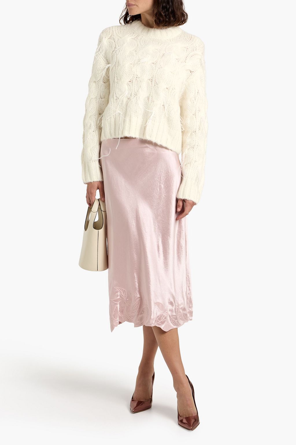 VINCE. Feather-embellished cable-knit sweater