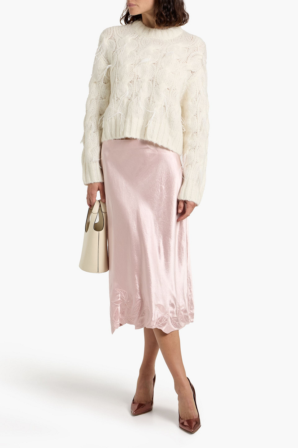 Vince Embroidered Satin Midi Skirt In Pink