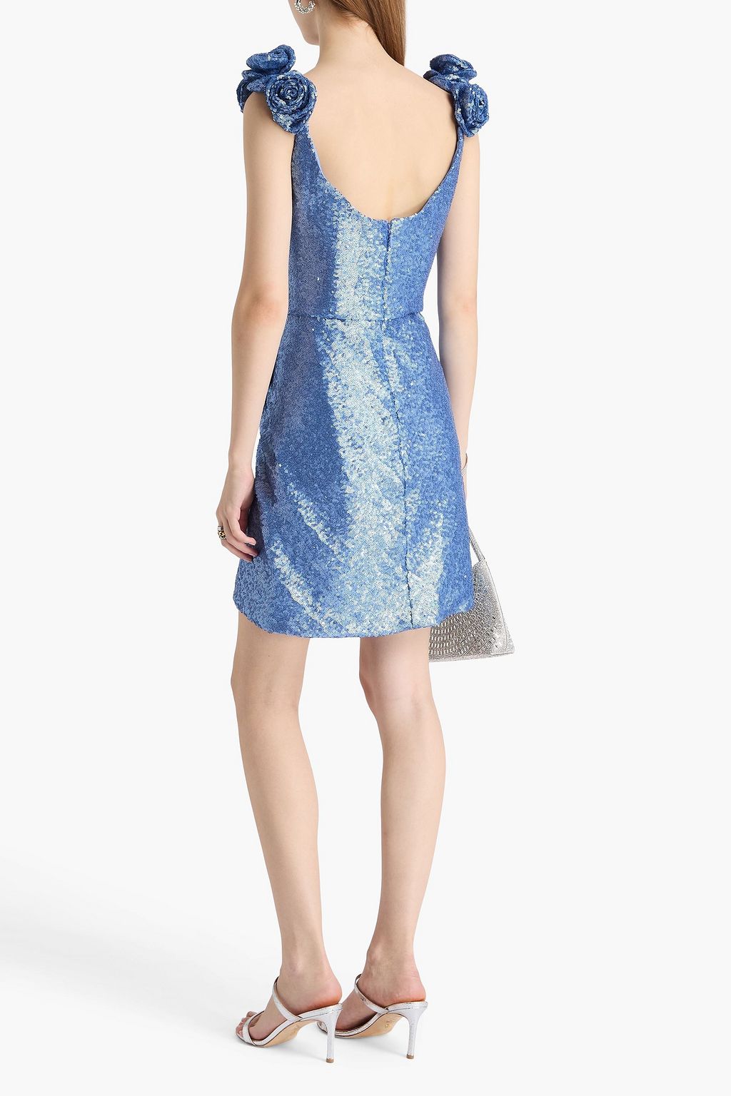 COSTARELLOS Floral-appliquéd draped sequined tulle mini dress
