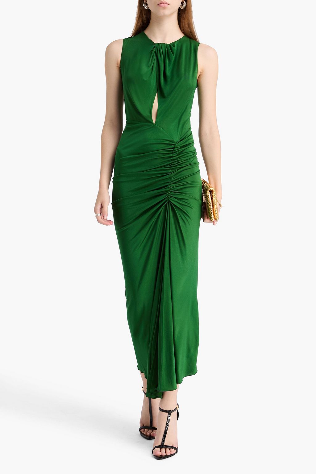 COSTARELLOS Ruched cutout jersey midi dress
