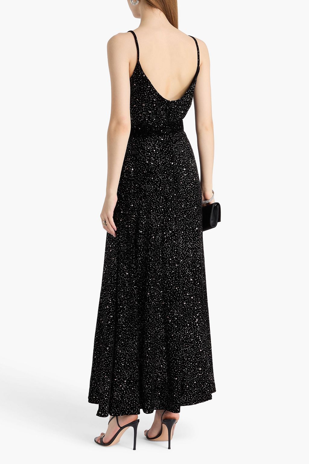 COSTARELLOS Belted glittered vlevet maxi dress