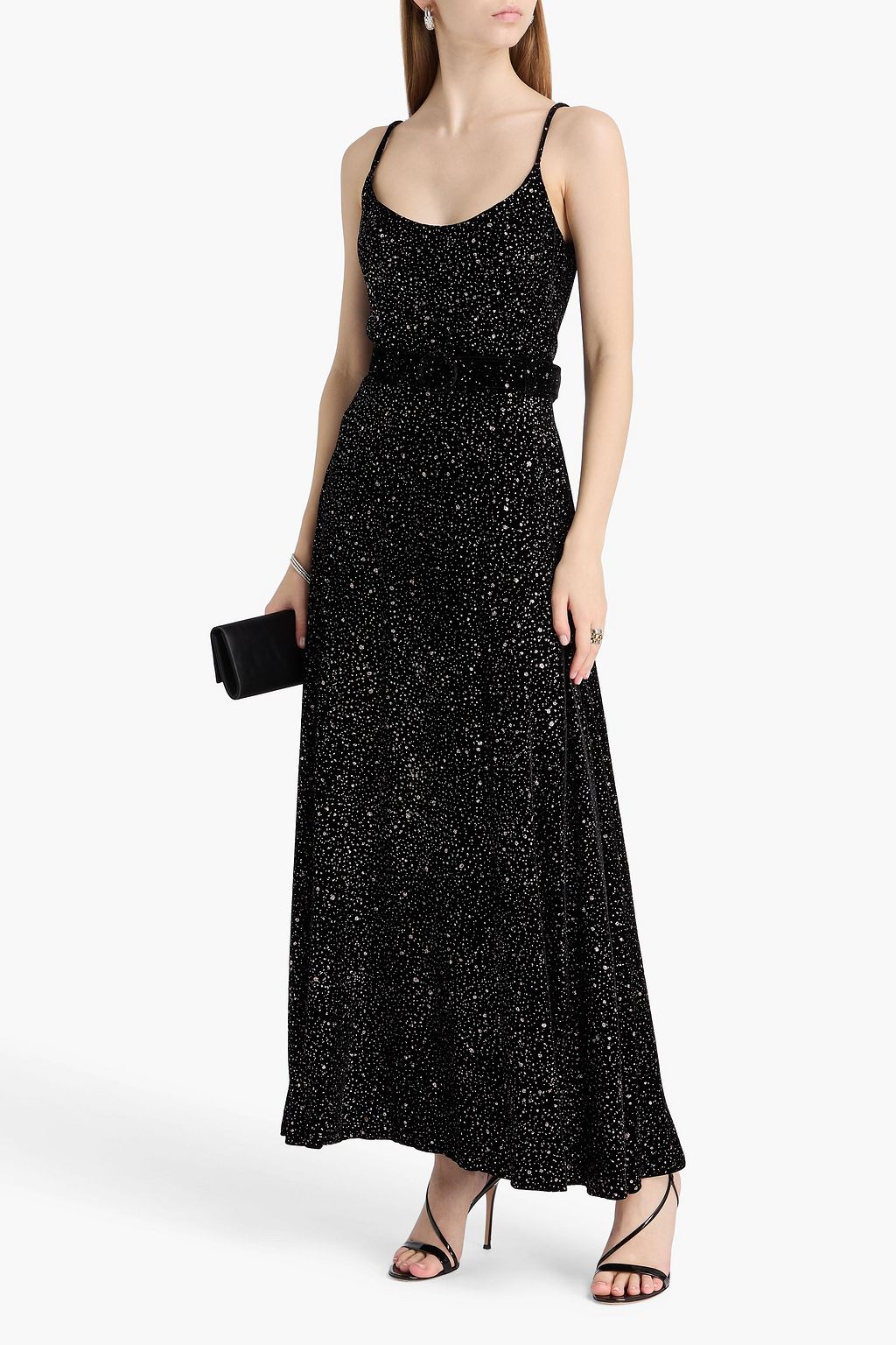 COSTARELLOS Belted glittered vlevet maxi dress