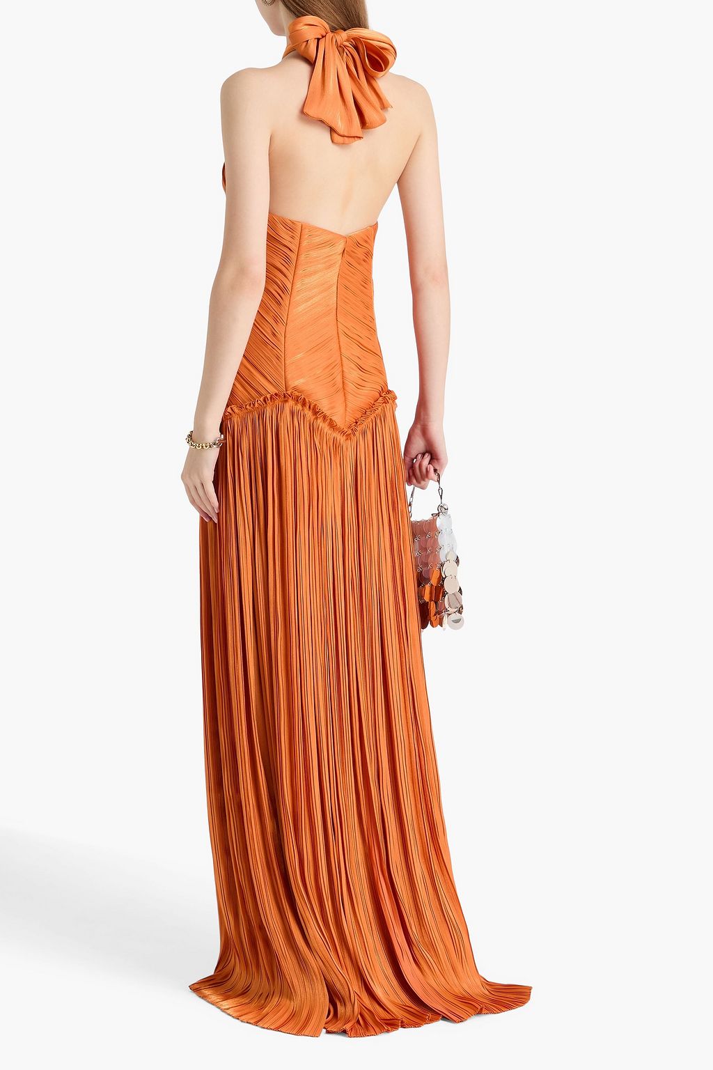 COSTARELLOS Ruffled plissé-georgette halterneck gown