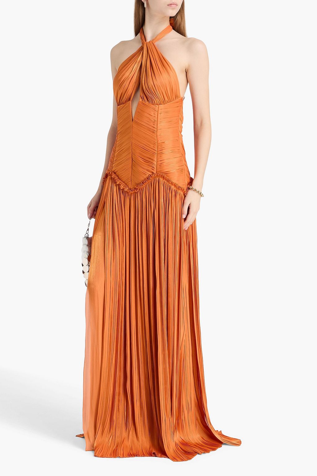 COSTARELLOS Ruffled plissé-georgette halterneck gown