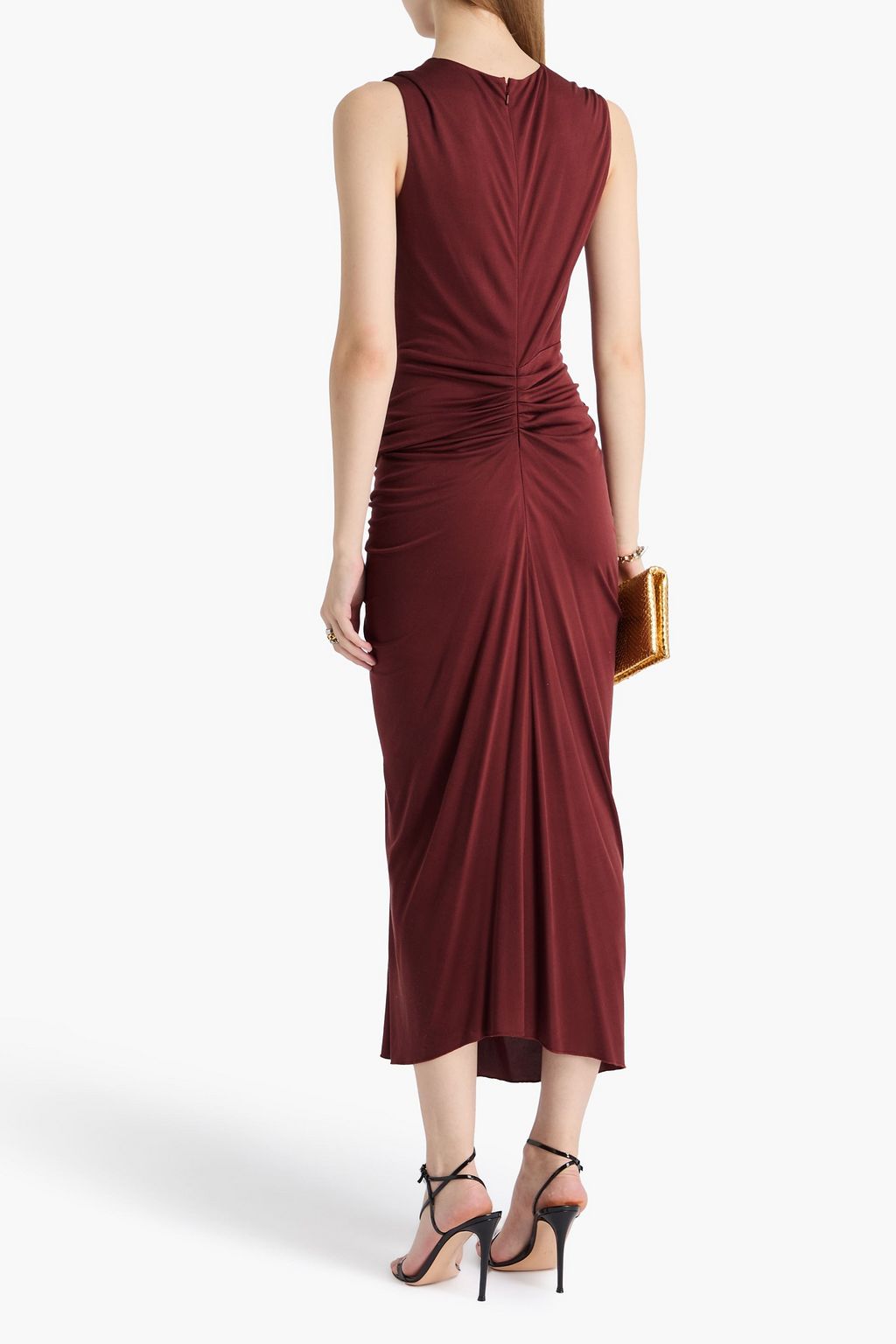 COSTARELLOS Ruched cutout jersey midi dress