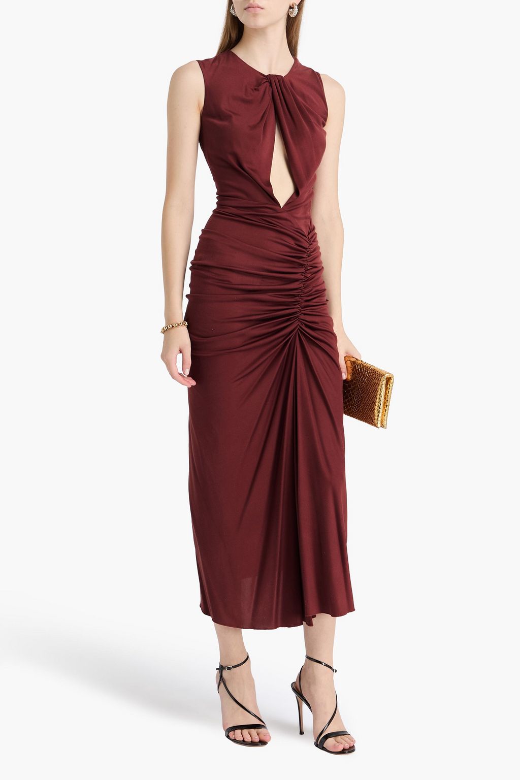 COSTARELLOS Ruched cutout jersey midi dress
