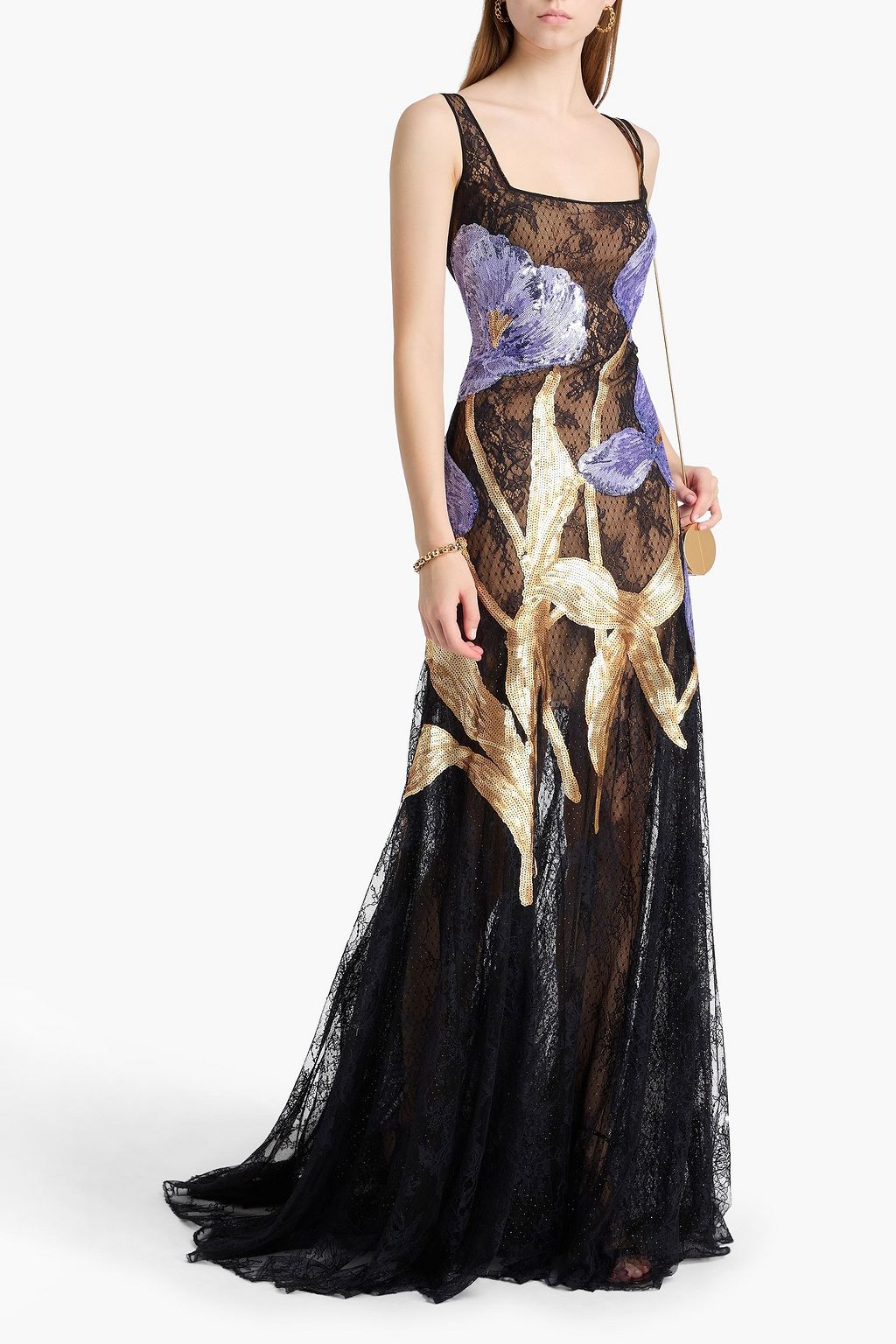 COSTARELLOS فستان سهرة من الدانتيل مزين بالغليتر وبأقراص برّاقة