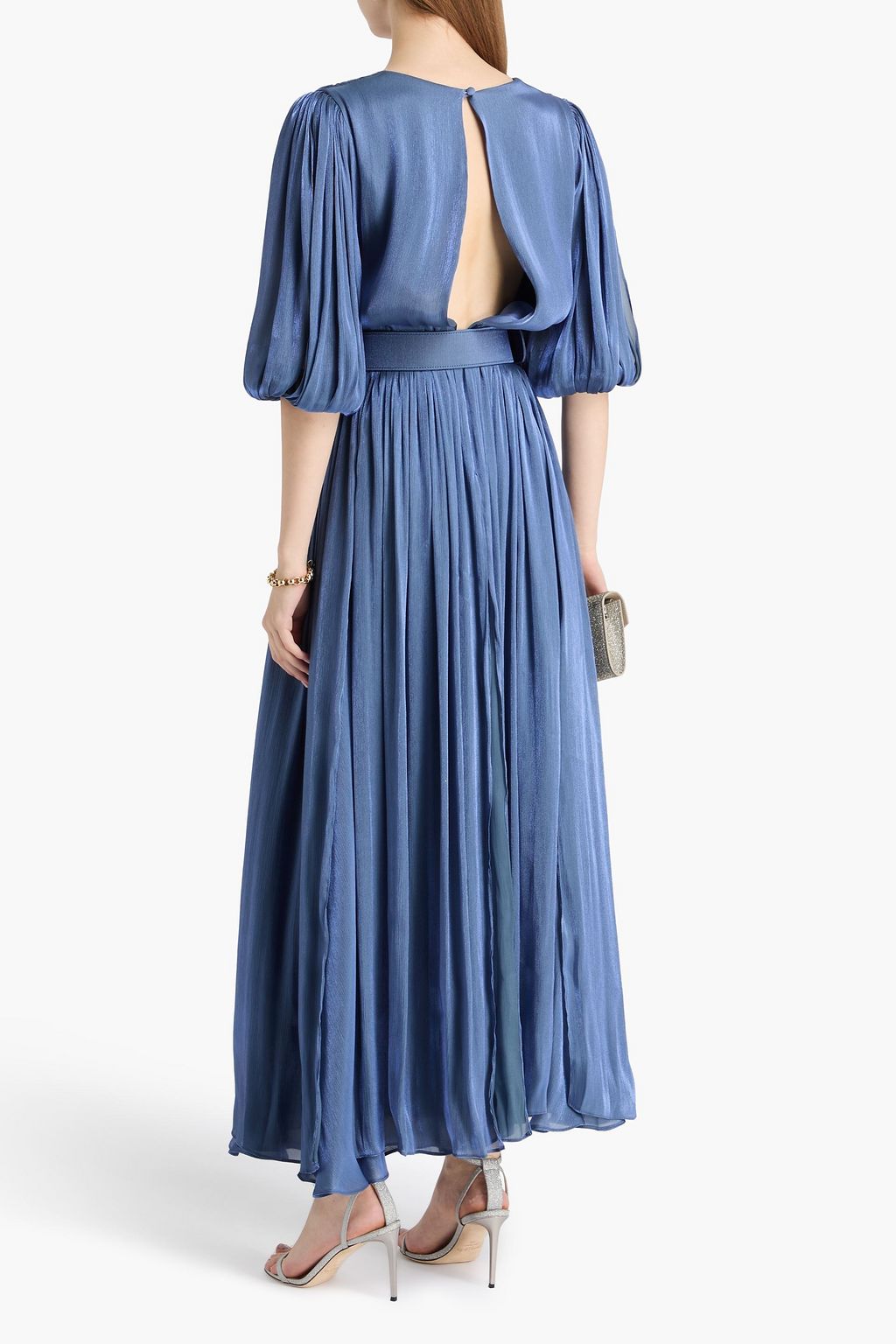 COSTARELLOS Belted metallic georgette maxi dress