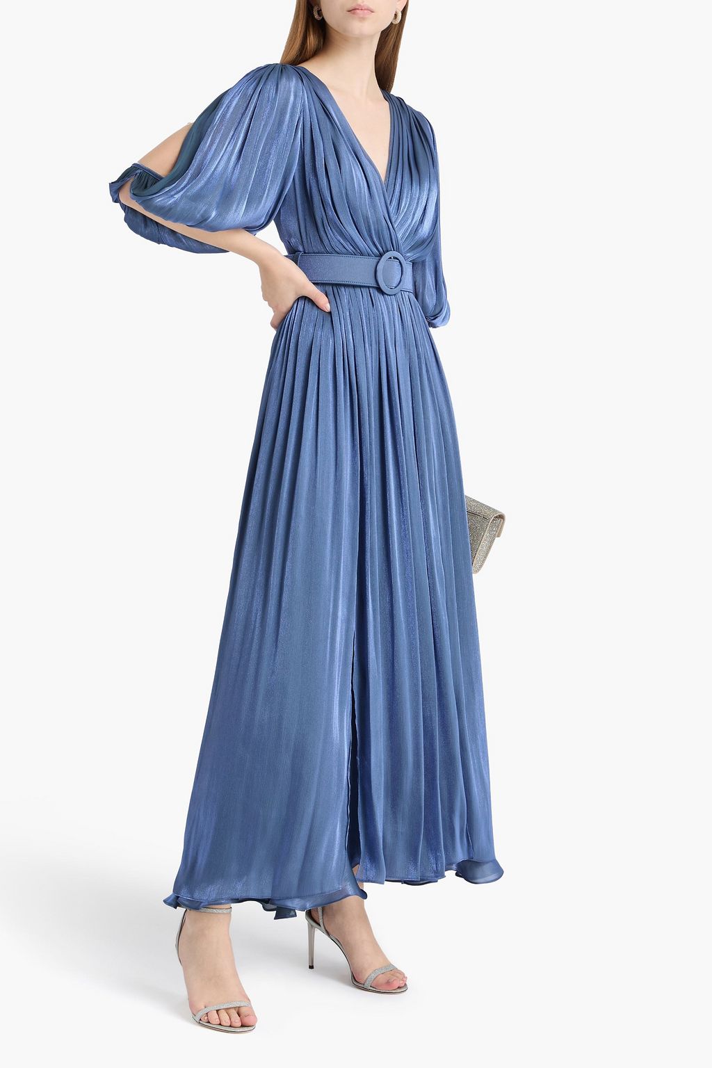 COSTARELLOS Belted metallic georgette maxi dress