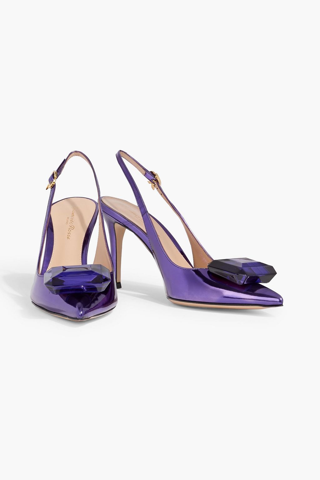 GIANVITO ROSSI Jaipur crystal-embellished mirrored-leather slingback pumps