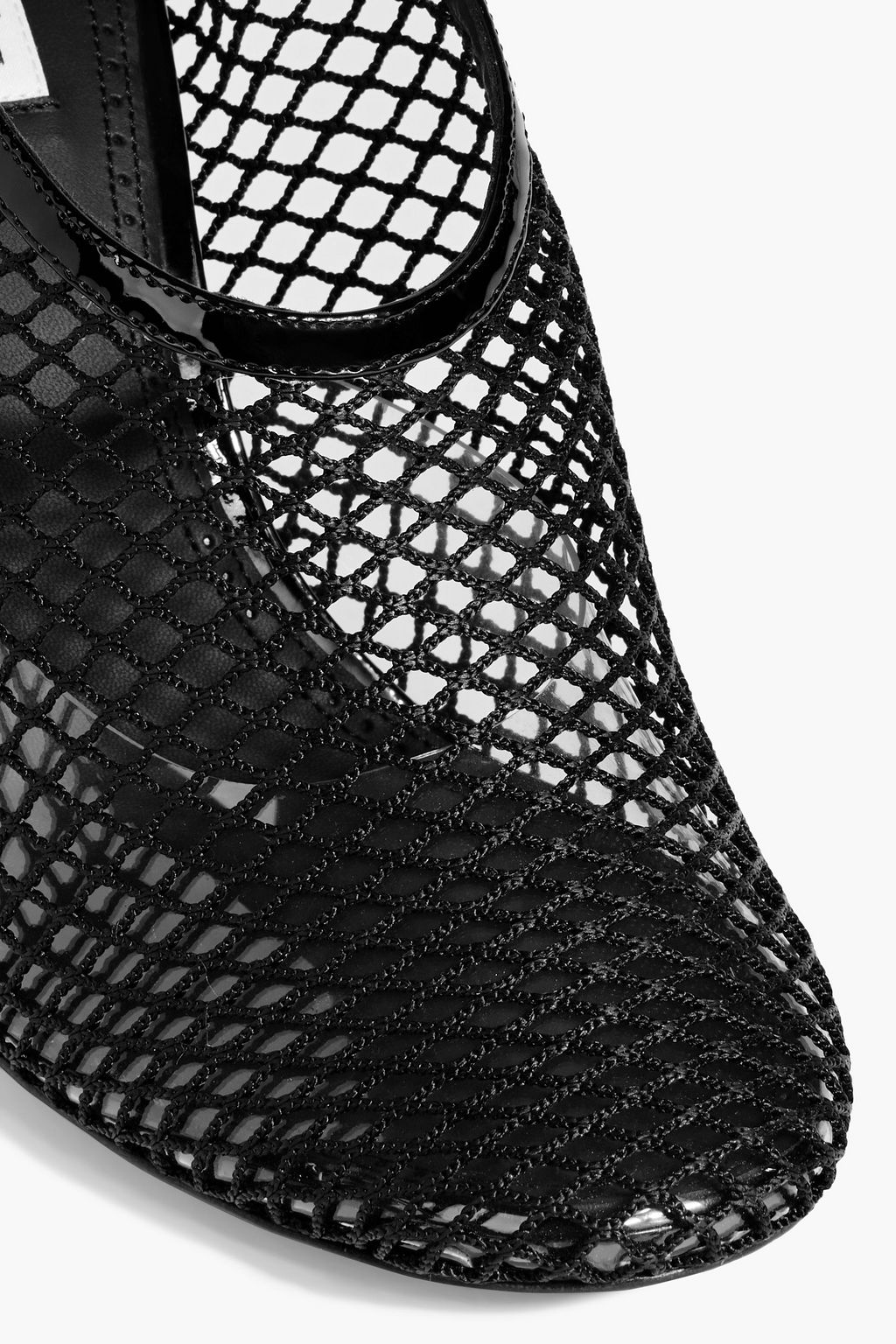 ALAÏA Patent leather-trimmed fishnet wedge pumps