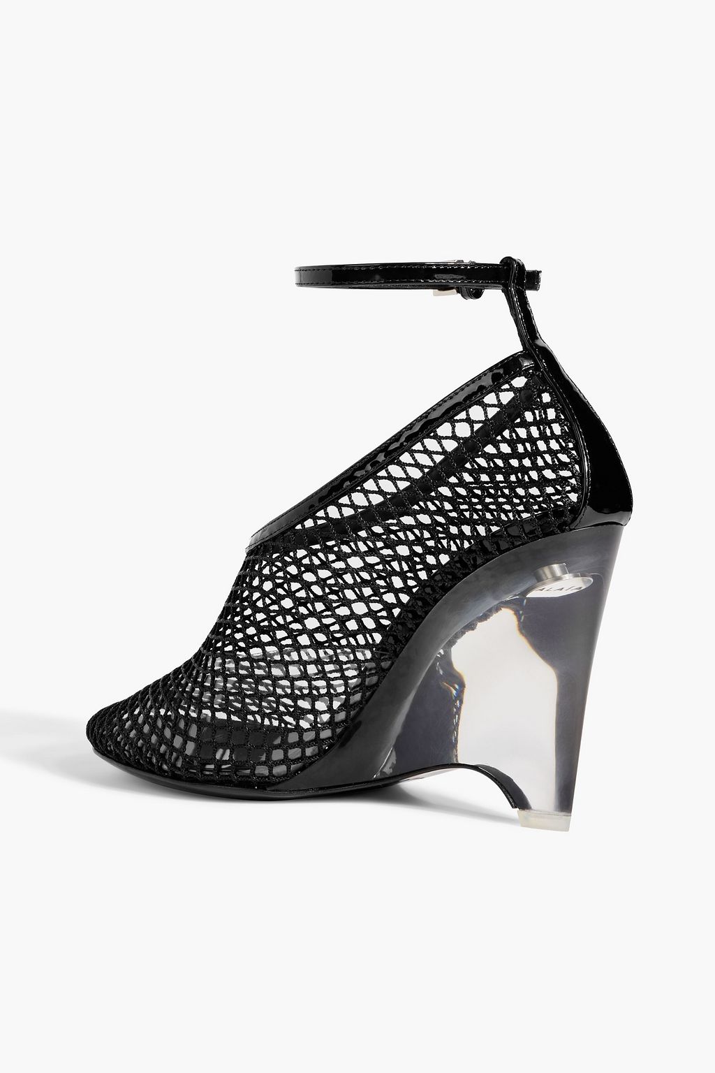 ALAÏA Patent leather-trimmed fishnet wedge pumps