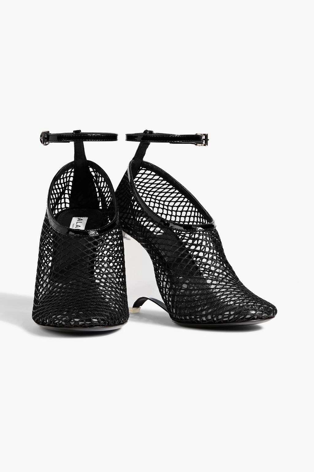 ALAÏA Patent leather-trimmed fishnet wedge pumps