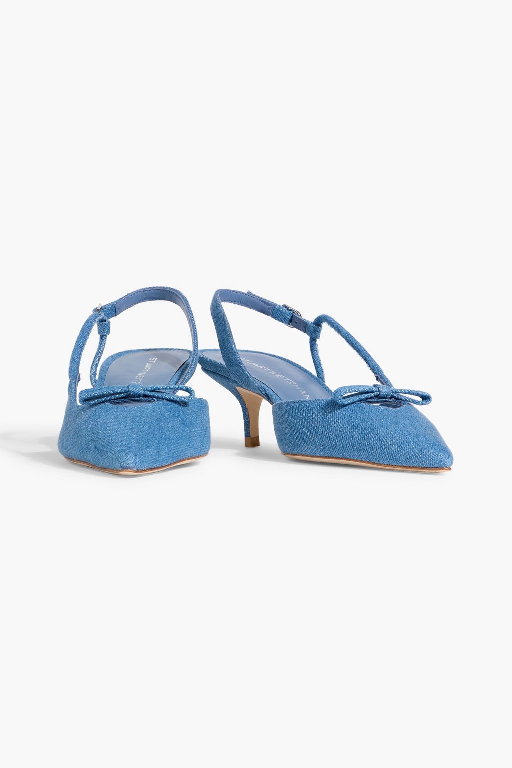 STUART WEITZMAN Tully 50 bow-detailed denim slingback pumps
