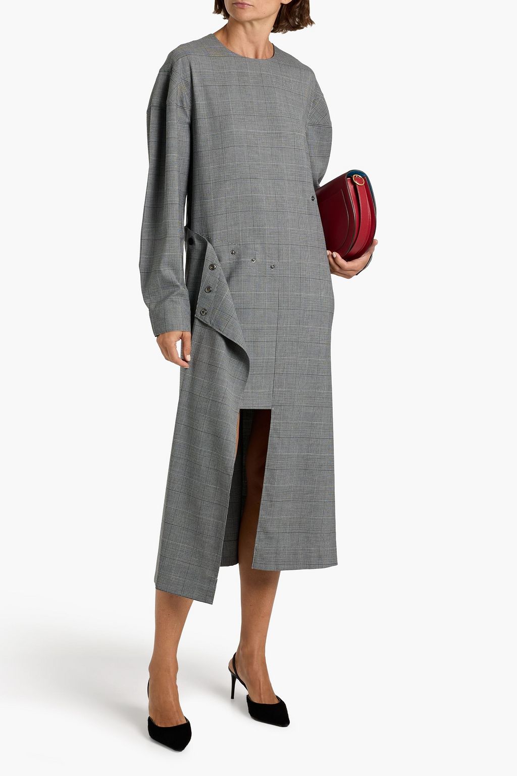 TIBI Snap-detailed Prince of Wales checked tweed midi dress