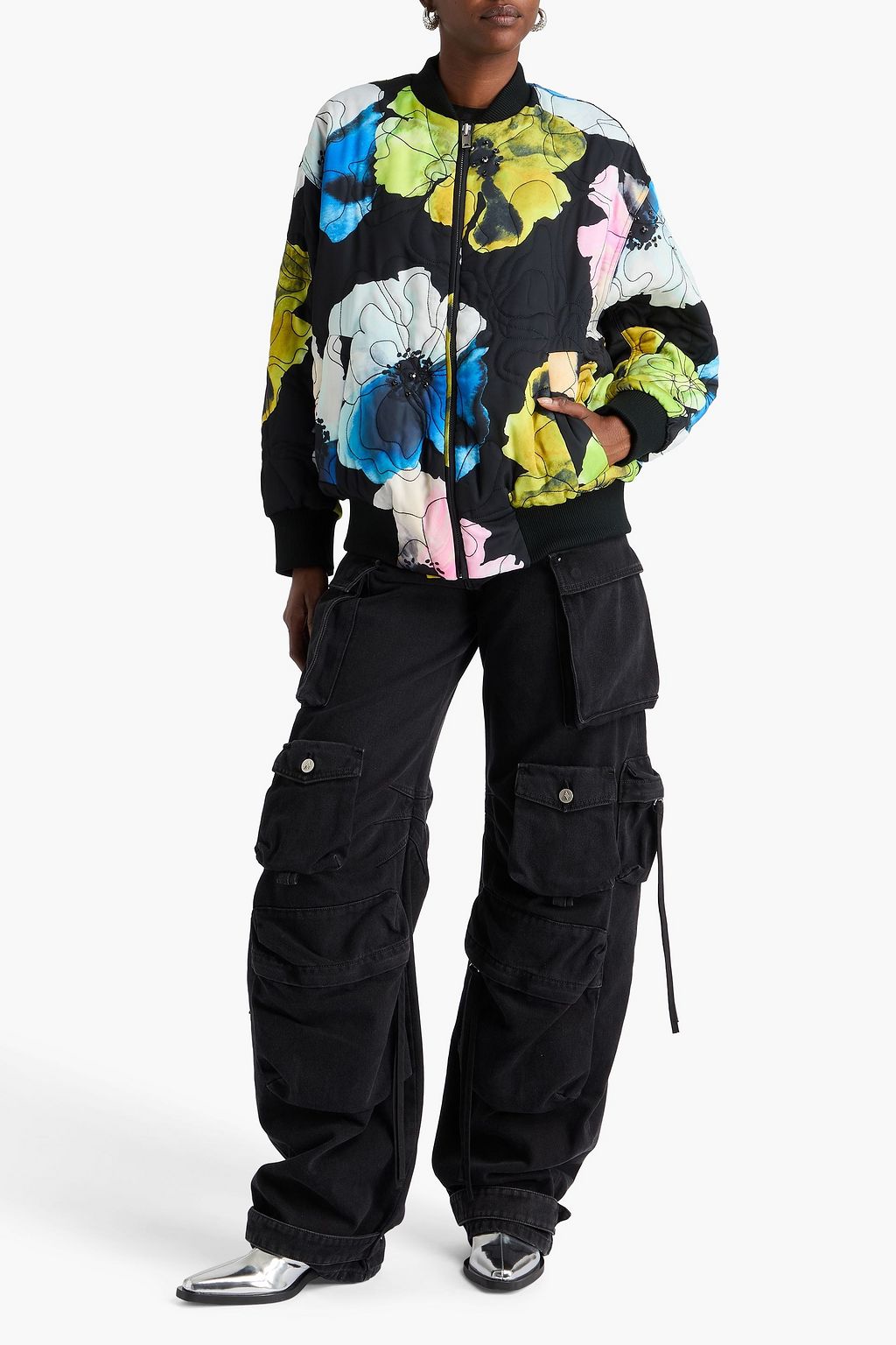 STINE GOYA Embellished floral-print satin bomber jacket
