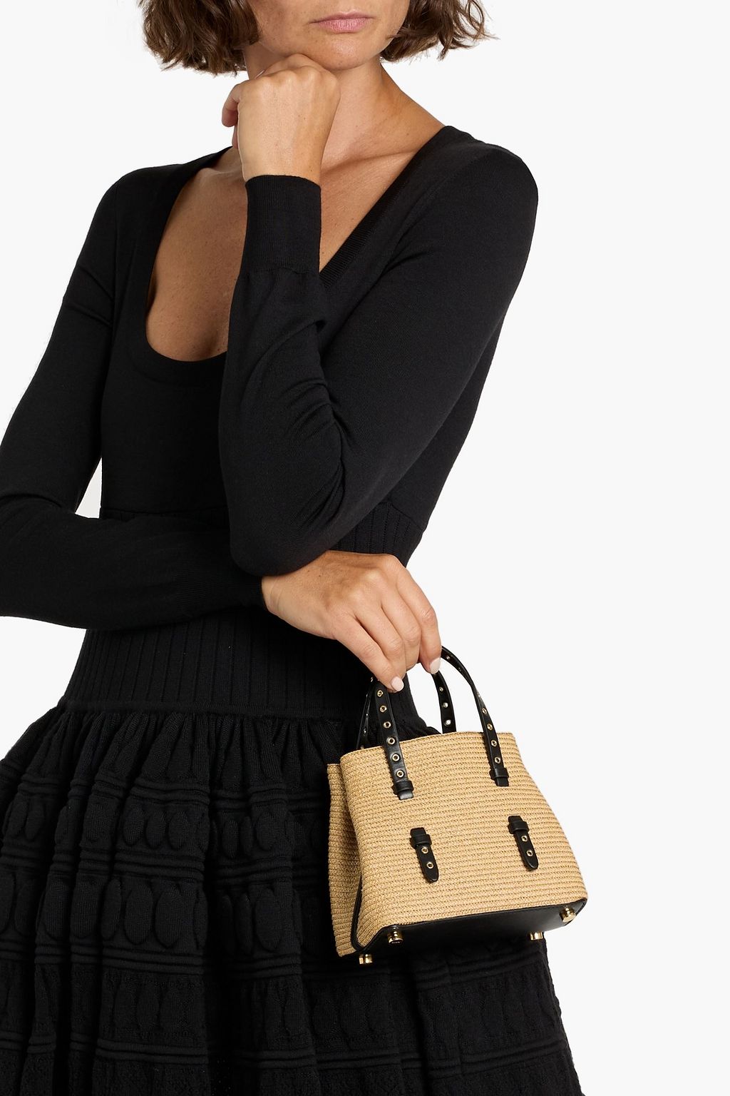 ALAÏA Mina 25 leather-trimmed straw tote