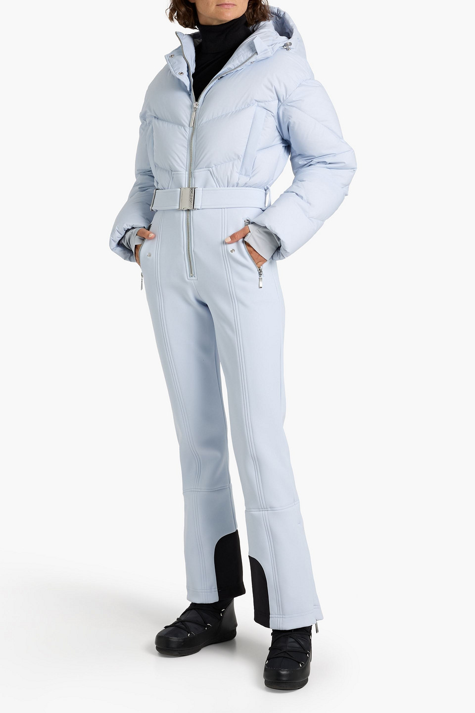 Cordova Ajax Belted Quilted Hooded Down Ski Suit In Blue