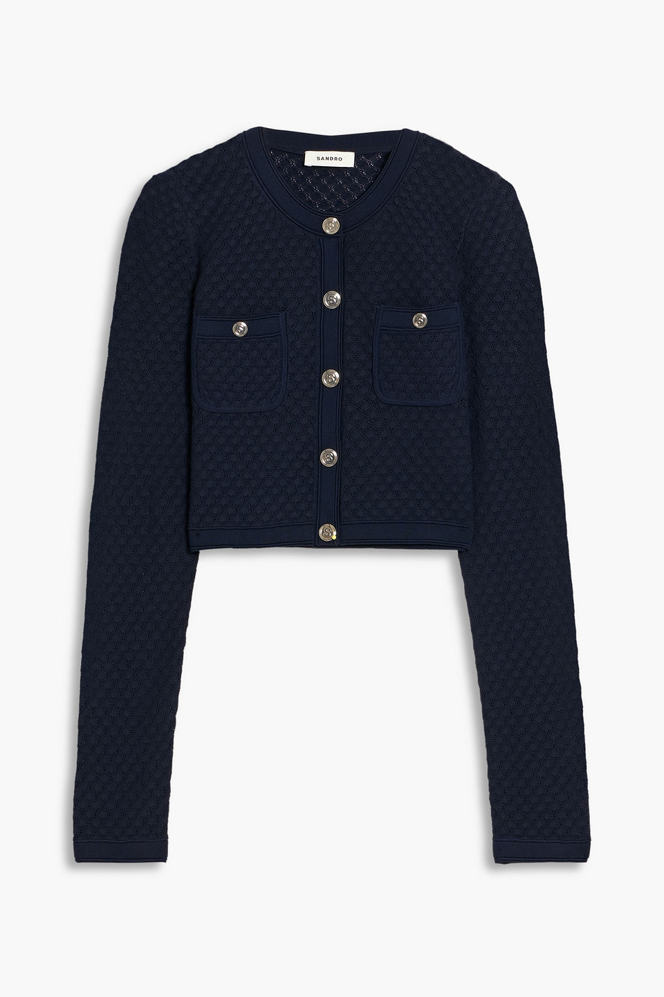 Sandro Cropped Pointelle-knit Cardigan In Blue