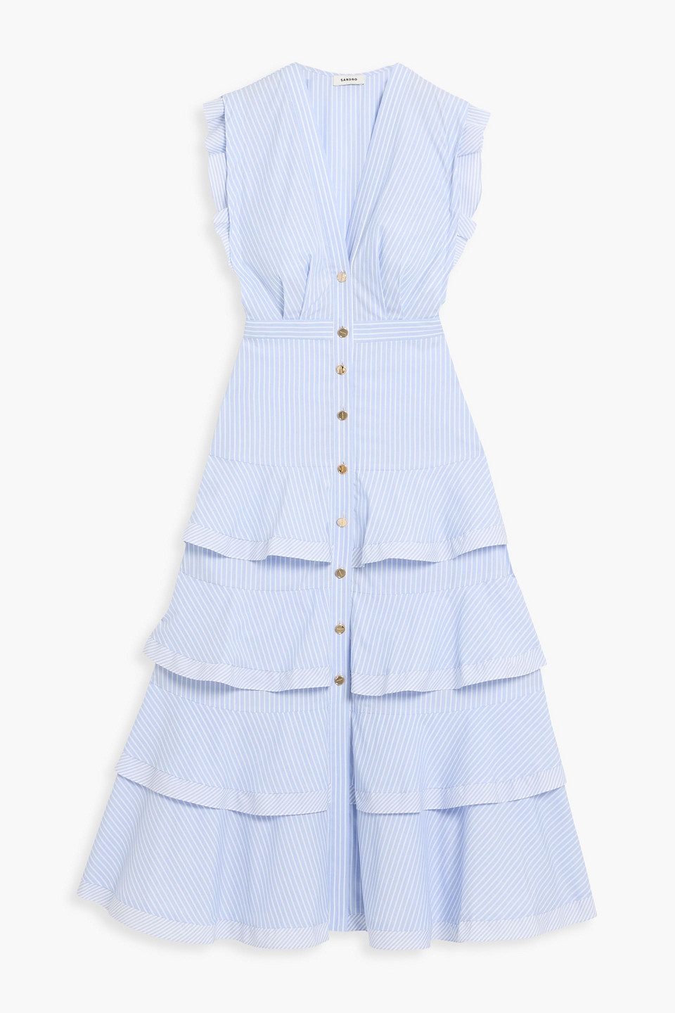 Sandro Tiered Striped Cotton Midi Dress In Blue
