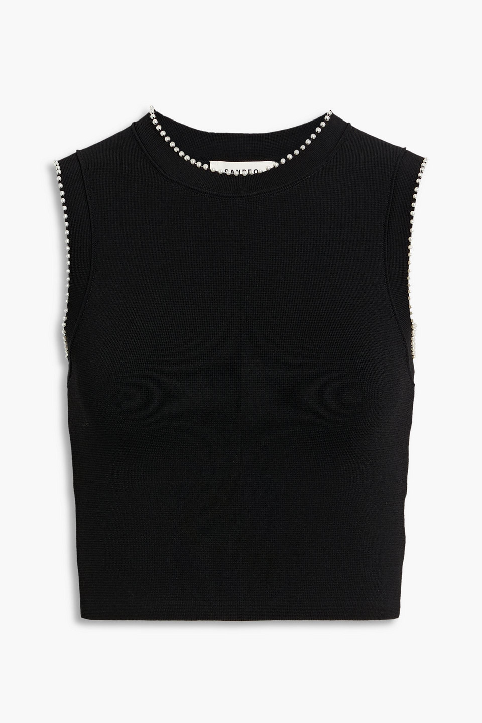 Sandro Cropped Bead-embellished Stretch-knit Top In Black