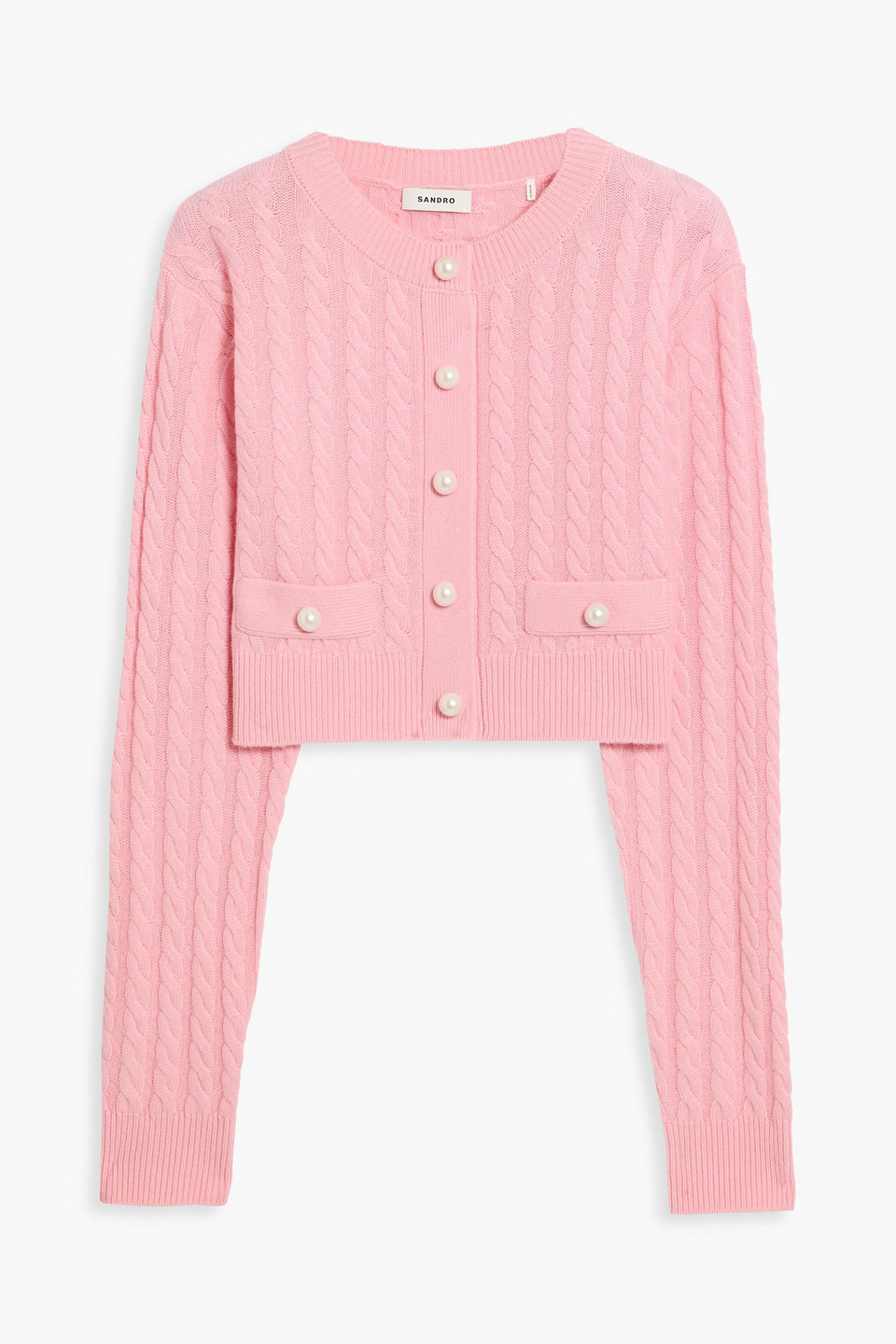 Sandro Cropped Cable-knit Wool And Cashmere-blend Cardigan In Pink