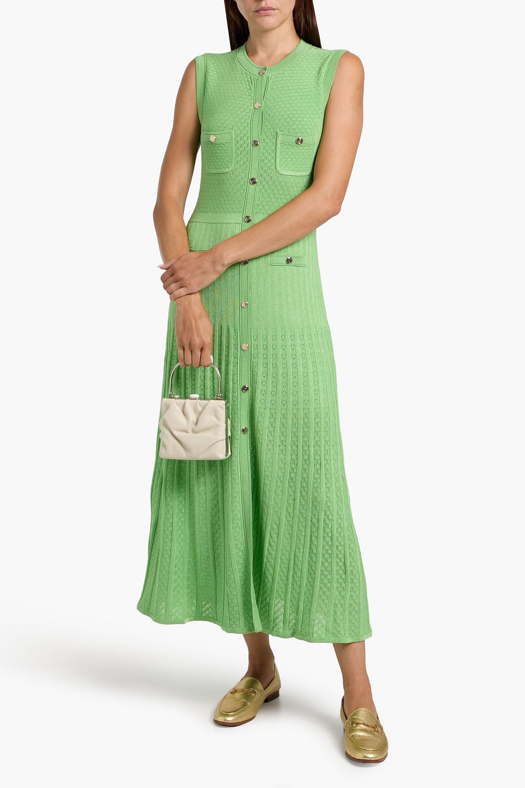 SANDRO Metallic pointelle and ribbed-knit midi dress