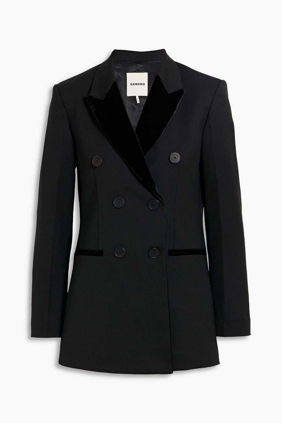 Sandro Double-breasted Velvet-trimmed Twill Blazer In Black
