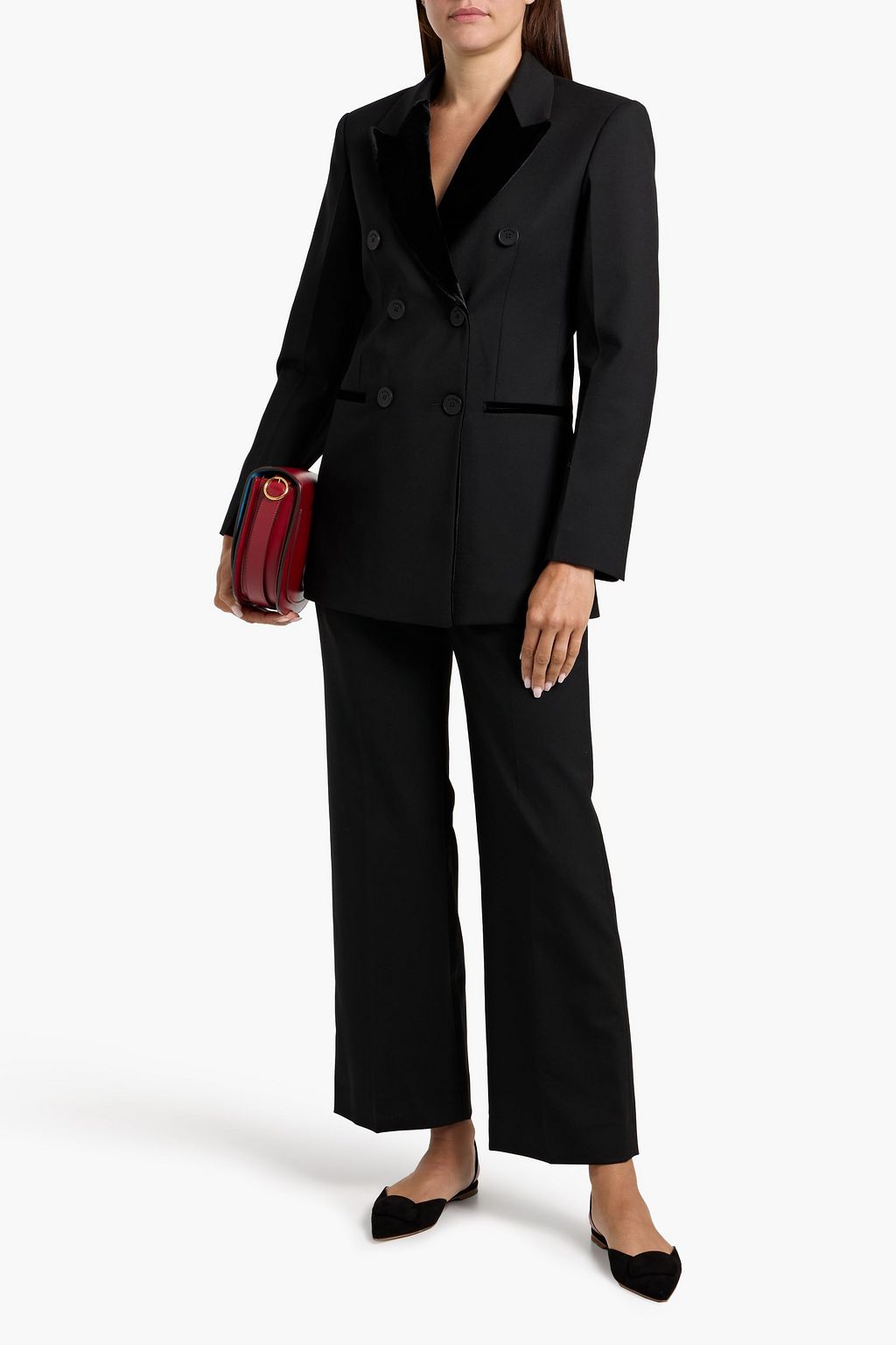 SANDRO Double-breasted velvet-trimmed twill blazer