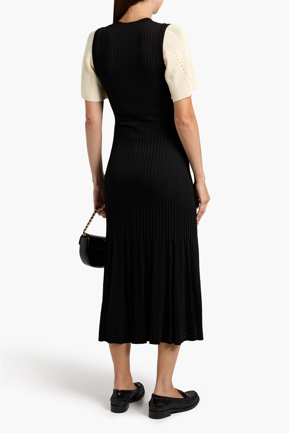 Sandro Two-tone Ribbed And Pointelle-knit Midi Dress In Black | ModeSens