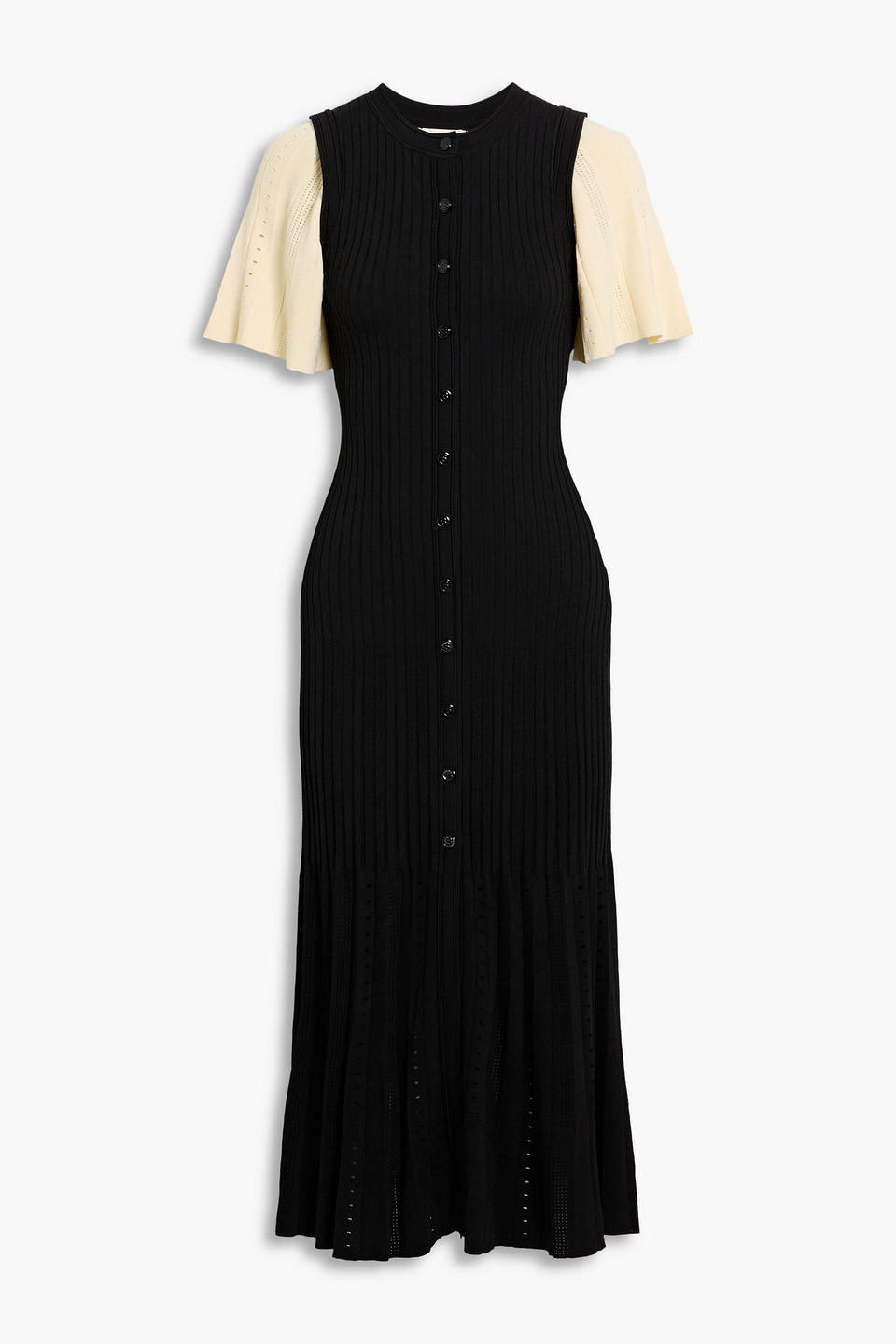 Sandro Two-tone Ribbed And Pointelle-knit Midi Dress In Black