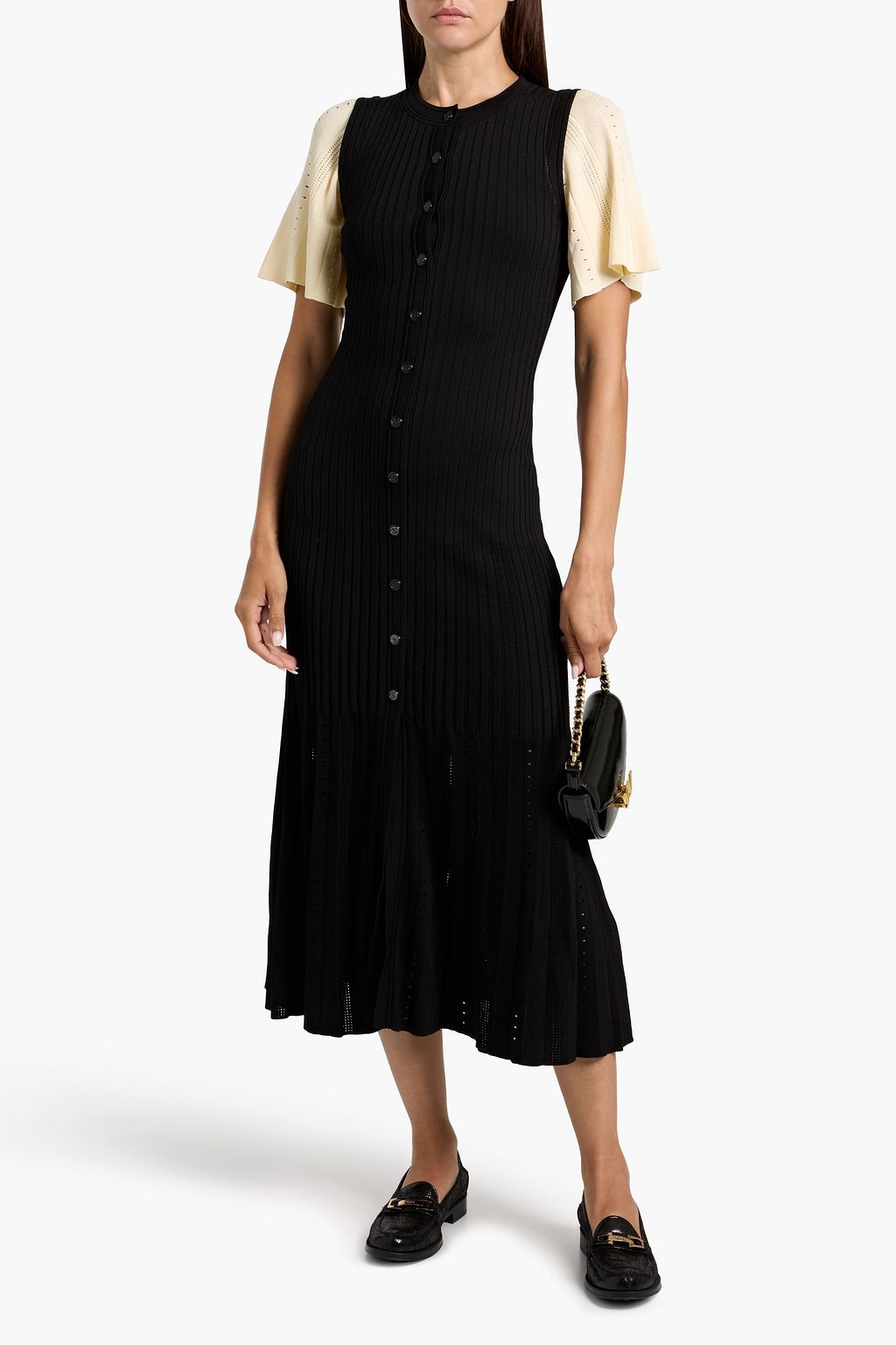 SANDRO Two-tone ribbed and pointelle-knit midi dress