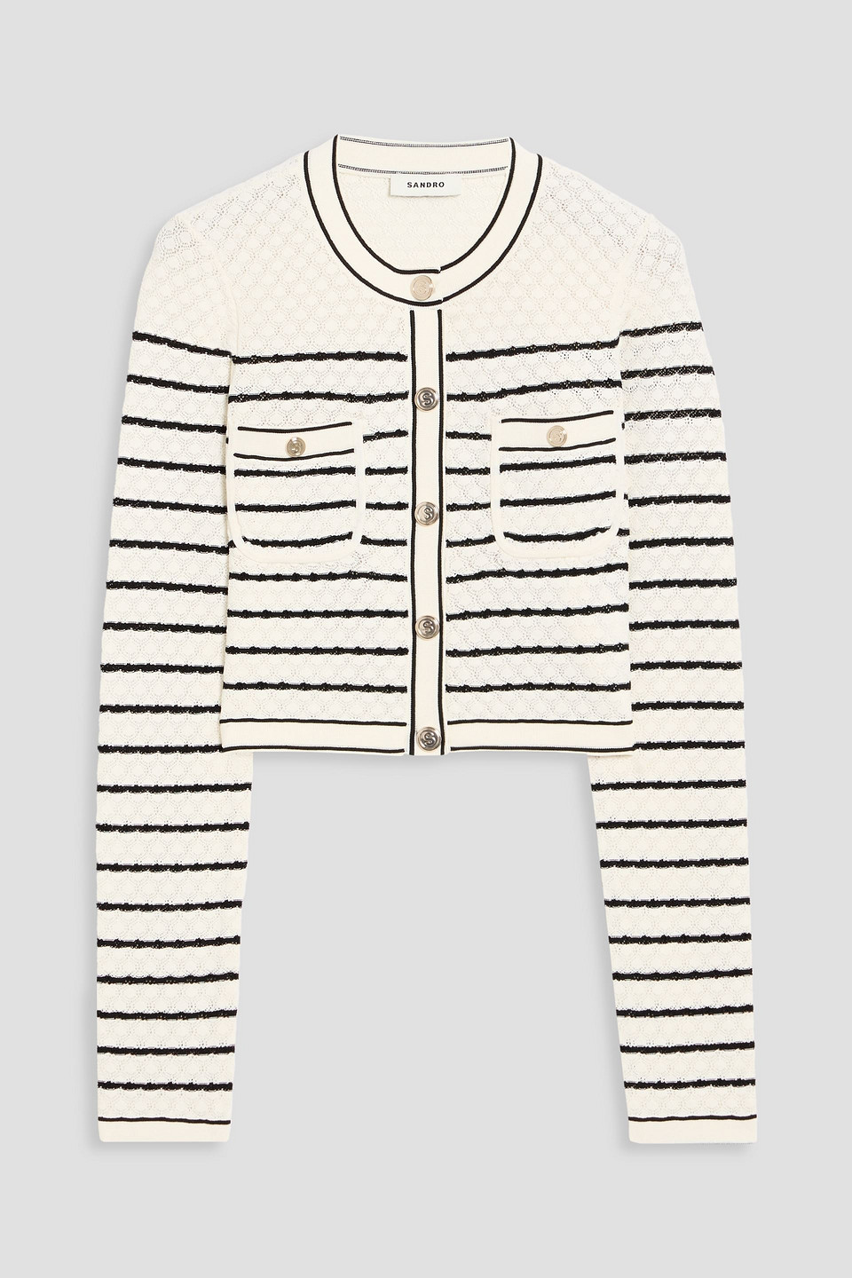 Sandro Cropped Striped Pointelle-knit Cardigan In White