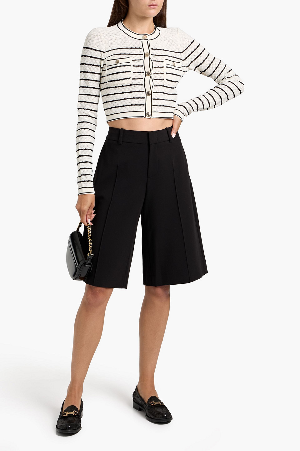 Sandro Cropped Striped Pointelle-knit Cardigan In White