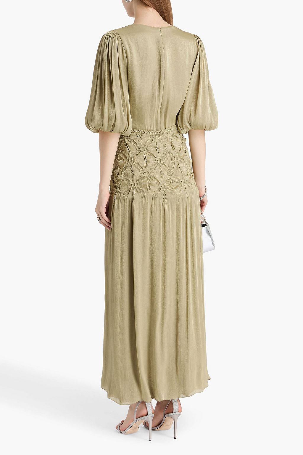 COSTARELLOS Smocked metallic georgette maxi dress