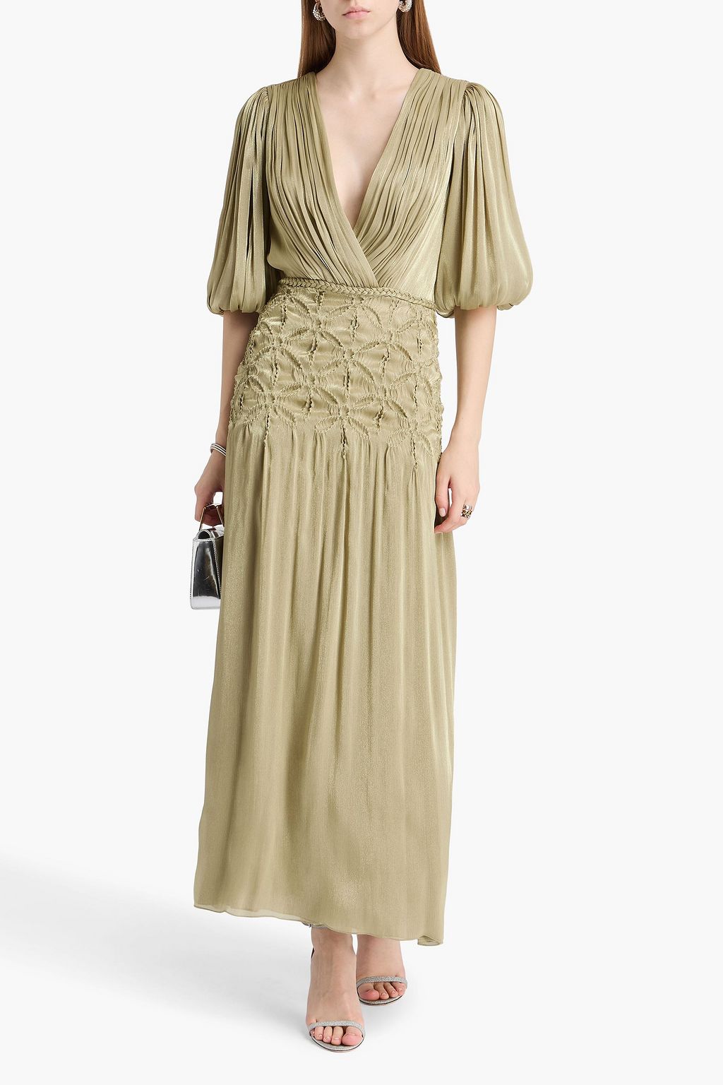 COSTARELLOS Smocked metallic georgette maxi dress