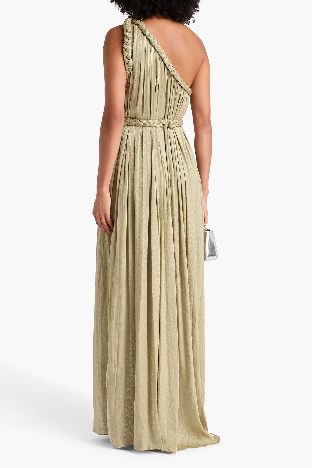 COSTARELLOS One-shoulder metallic leopard-print georgette gown