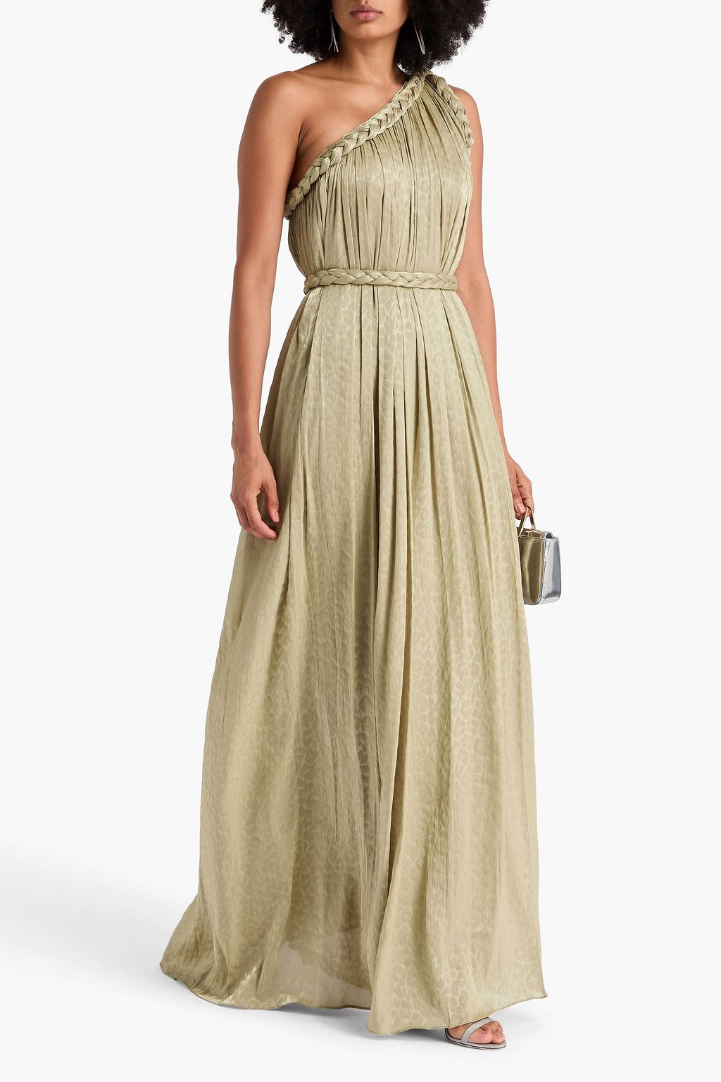 COSTARELLOS One-shoulder metallic leopard-print georgette gown